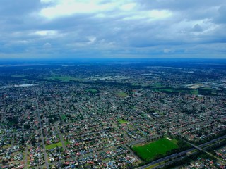 Above St Clair Drone panorama aerial view of Sydney NSW Australia city Skyline and looking down on all suburbs 