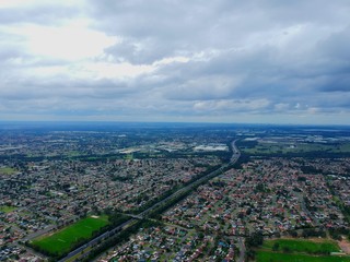 Above St Clair Drone panoramic aerial view of Sydney NSW Australia city Skyline and looking down on all suburbs 