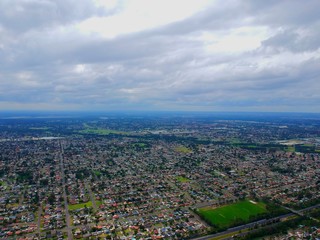 Above St Clair Drone panoramic aerial view of Sydney NSW Australia city Skyline and looking down on all suburbs 