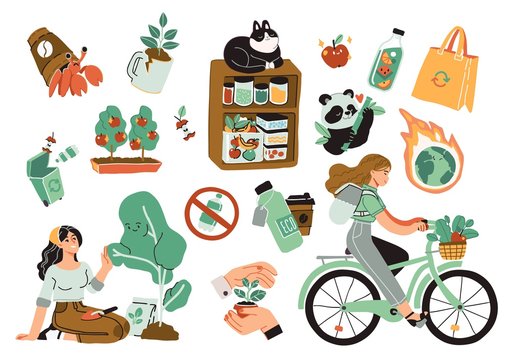 Collection of ecology illustrations. Eco friendly people set protecting the environment, sorting and collecting waste, using alternative energy and ecological transport