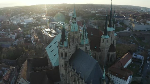 Aerial Drone flight over Erfurt with Cathedral and the church Severikirche