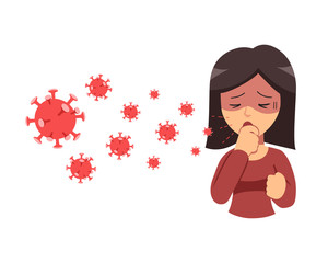 Covid-19 protection concept woman coughing and virus spread in the air for design.