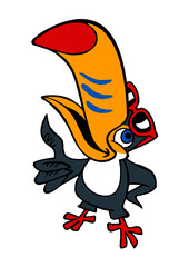 Toucan bird with big beak and sunglasses showing thumbs up, bigger is better, color cartoon