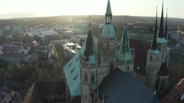 Aerial Drone flight over Erfurt with Cathedral and the church Severikirche