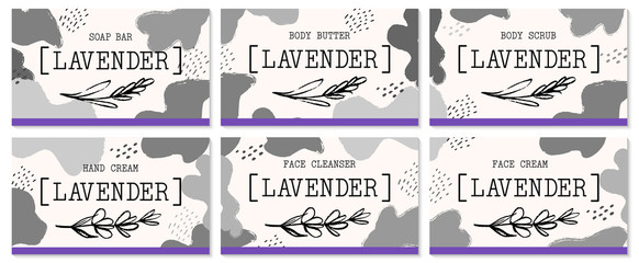 Fototapeta premium Set of labels for lavender cosmetics packaging design. Organic cosmetics and natural care.