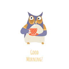 Good morning concept with cute cartoon owl with a cup of coffee isolated on white background