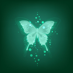 Glowing background with neon green butterfly on white background
