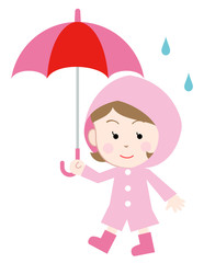 雨具を着て歩く少女　白背景