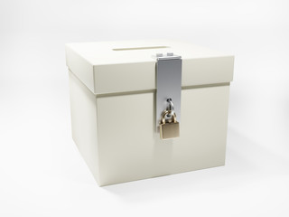 3D rendering of white ballot box secured with padlock on white background