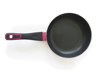 Aerial view of individual black and pink nonstick frying pan isolated on white background.