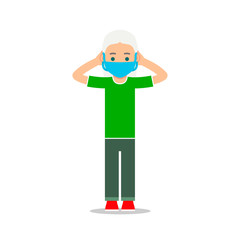 Old woman puts on virus mask. Corona virus hygiene. Health care. Healthy lifestyle during an outbreak virus infection. Respiratory protection. Flat illustration isolated white background