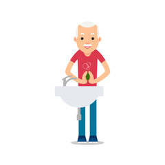 Flat illustration with old man virus wash hands on white background for medical design. Hand hygiene. Coronavirus prevention. Isolated. Health care. Healthy lifestyle