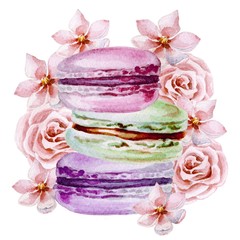 Watercolor illustration with macarons