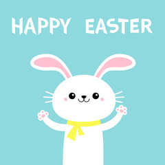 Happy Easter. Rabbit bunny waving paw print hand. Yellow scarf. Cute cartoon kawaii funny baby character. White farm animal. Blue background. Isolated. Flat design