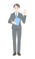 OK　ポーズ　書類　ビジネス　スーツ　男性　全身