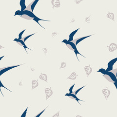 Vector seamless beige background with swallows and leaves