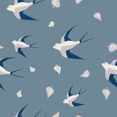 Vector seamless dark grey background with swallows and leaves