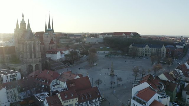 Aerial Drone flight over Erfurt with Cathedral and the church Severikirche