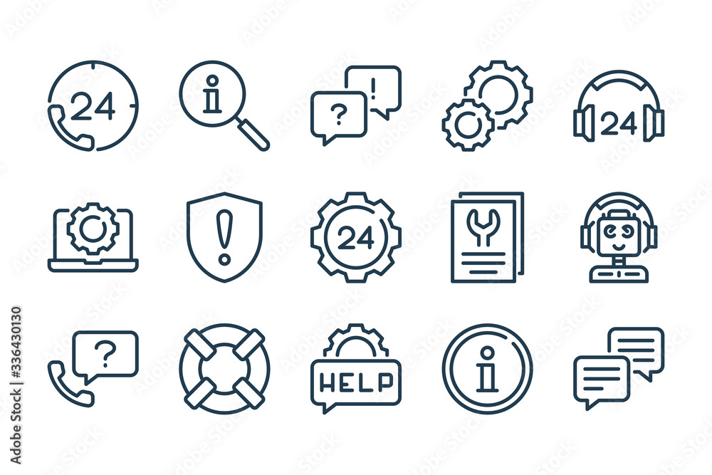 Poster support and help service related line icon set. info and faq line vector icons.