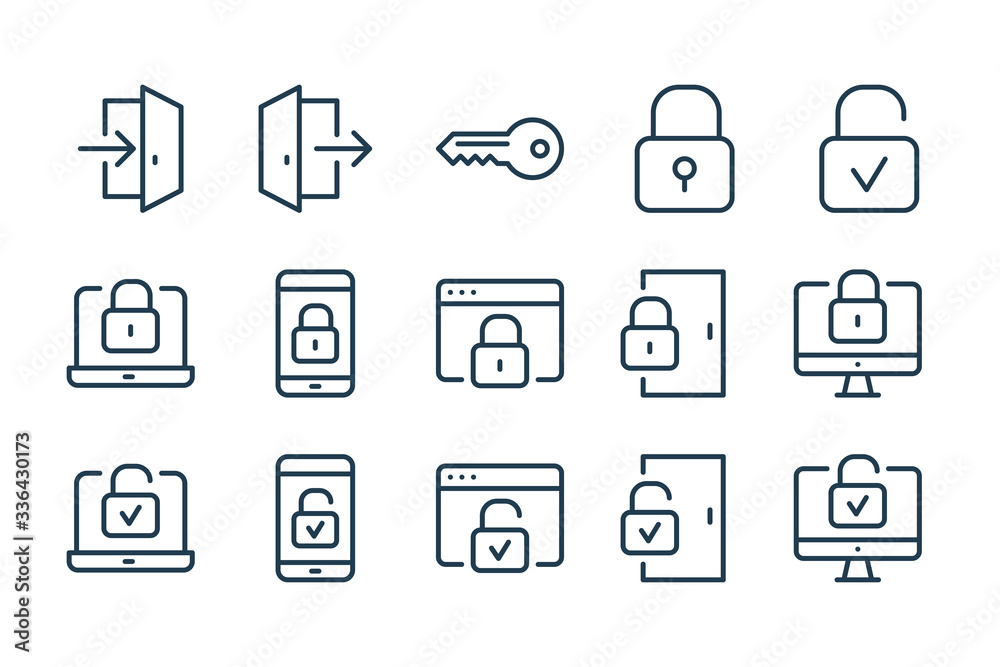 Poster access and locks line icons. login and password vector linear icon set.