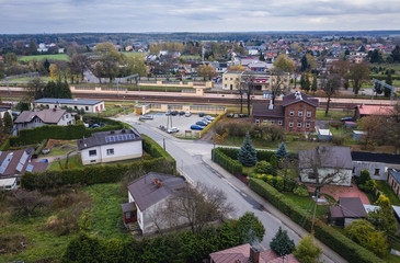 Drone view on a railroad station in Rogow village, Lodzkie Province of Poland