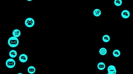 Black background with blue animation interface with icons and links digital network information communication community digital internet social growing design graphics symbol