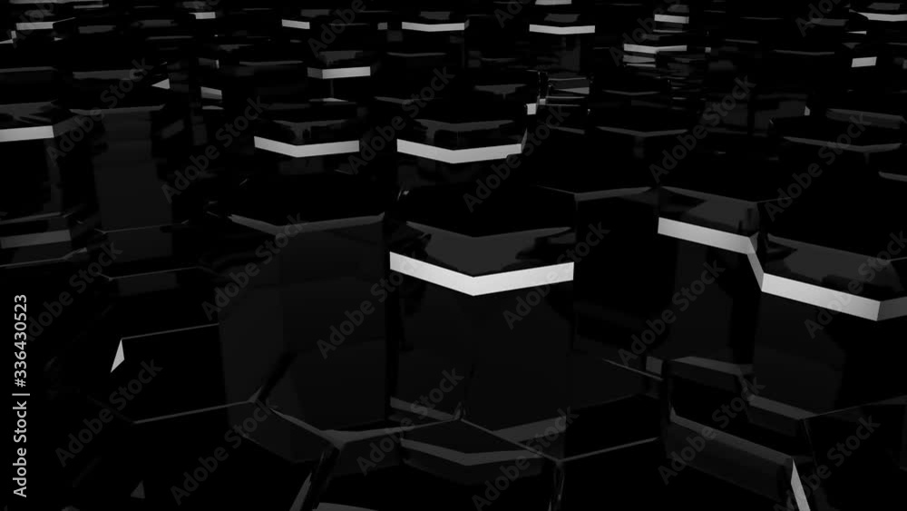 Poster Abstract hexagon glossy black geometric surface loop, random motion backgroun