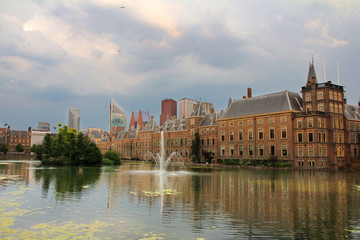 The Binnenhof Palace in The Hague with the lake and a fountain
