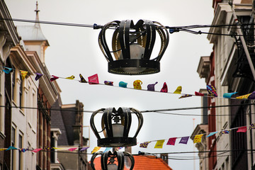 Crown-shaped lights hung on the streets of The Hague