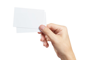 Hand with two pieces of paper or plastic (cards, tickets, flyers, invitations, coupons, banknotes, etc.), isolated on white background