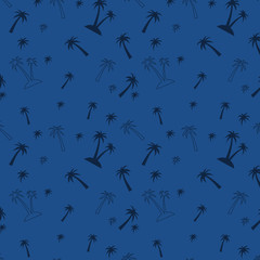 Seamless pattern with palm trees on blue background. Exotic tropical summer wallpaper. Floral background. Summer pattern