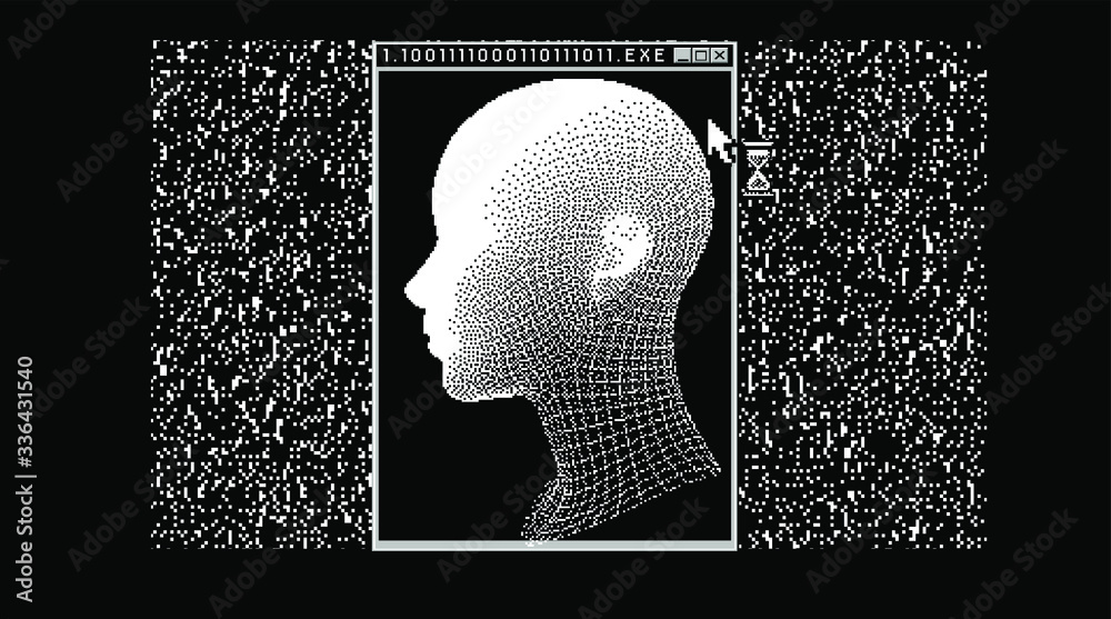 Poster cyberpunk futuristic collage with glitch art artifacts and wireframe of a human head. retrofuturisti