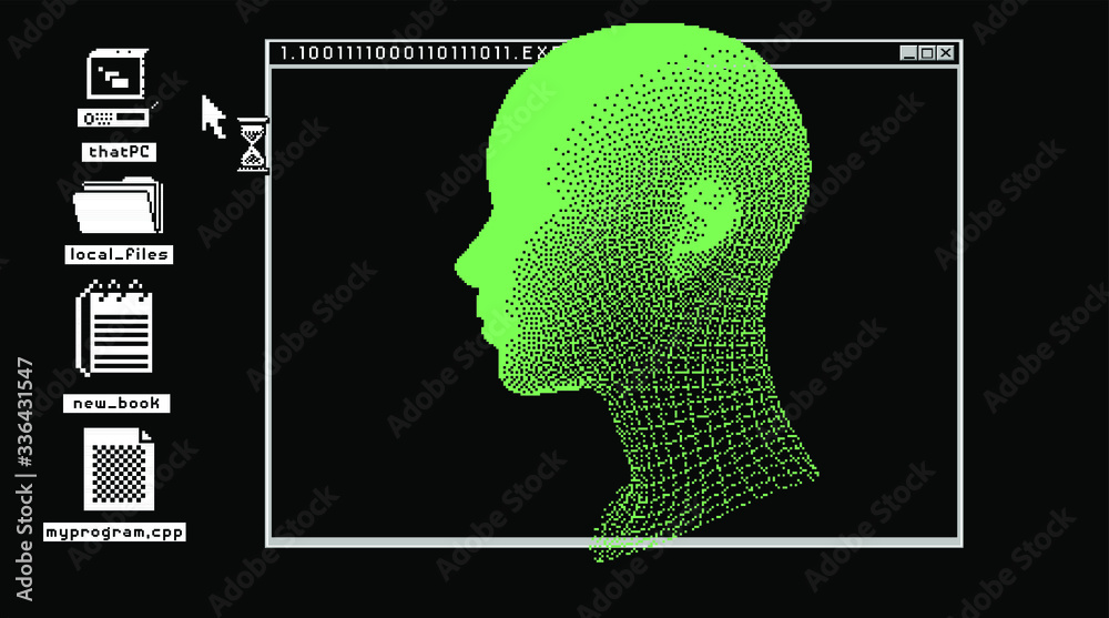 Poster cyberpunk futuristic collage with glitch art artifacts and wireframe of a human head. retrofuturisti
