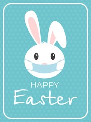 happy easter. stay home. coronavirus bunny with medical mask. covid-19 bunny. CORONAVIRUS EASTER RABBIT. Easter bunny isolated on blue background.