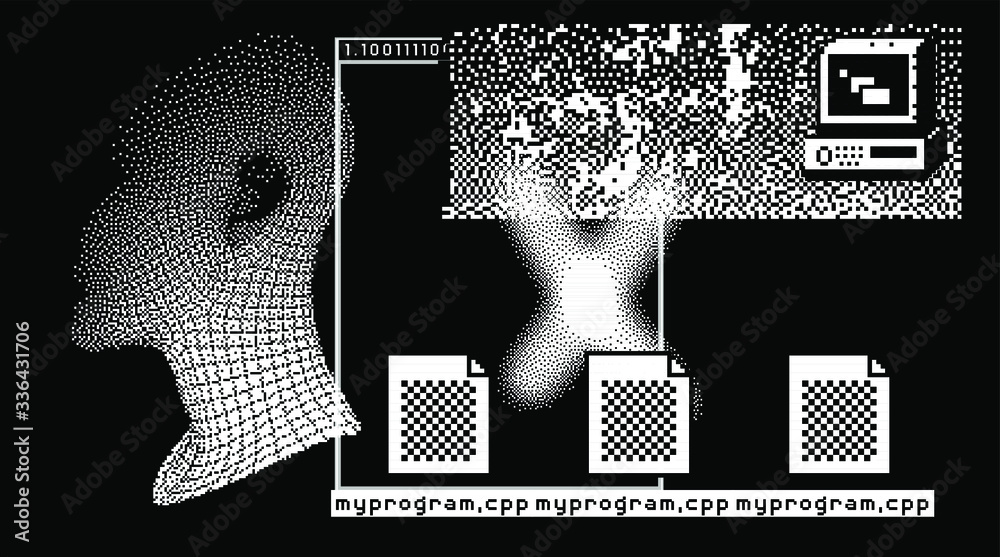 Poster cyberpunk futuristic collage with glitch art artifacts and wireframe of a human head. retrofuturisti