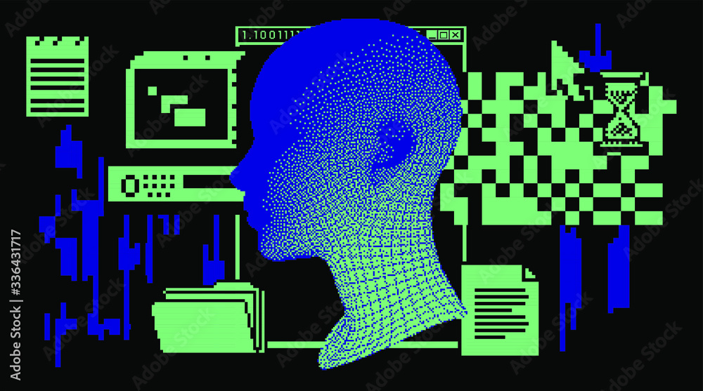Poster cyberpunk futuristic collage with glitch art artifacts and wireframe of a human head. retrofuturisti