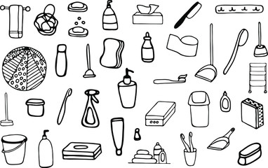 Bathroom icons set. Hand drawn vector icons isolated on the white background. Many beauty, hygiene, cosmetic, antibacterial things drawn in doodle style. Simple toiletries in one icons set.