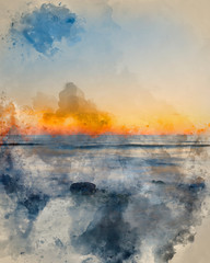 Digitally created watercolor painting of Stunning Summer landscape sunset image of colorful vibrant sky over calm long exposure sea
