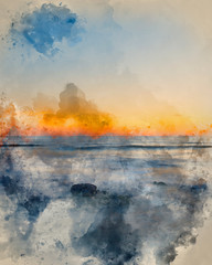 Fototapeta premium Digitally created watercolor painting of Stunning Summer landscape sunset image of colorful vibrant sky over calm long exposure sea