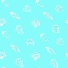 Seamless pattern with shells on a blue background. Simple minimal vector illustration on a marine theme. Doodle, sketch style, white lines. For textiles and summer decor.
