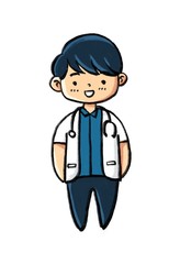 Cartoon doctor in white coat and stethoscope. Hand drawn black outline line art cartoon illustration. Male doctor character