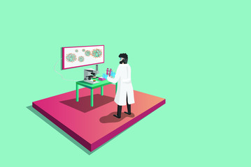 Medical technologist research for Corona virus disease 2019 in laboratory room,microscope ,auto pipette and tip on table,monitor,medical treatment success,vector illustration,cartoon people.
