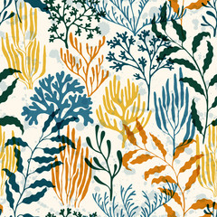 Ocean corals seamless pattern., Tropical coral reef branch silhouette elements.