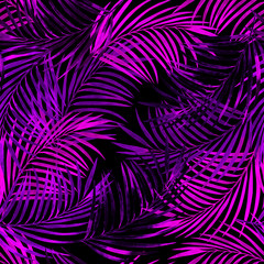 Seamless tropical pattern on a black background, neon palm leaves. summer night jungle. watercolor purple branches.