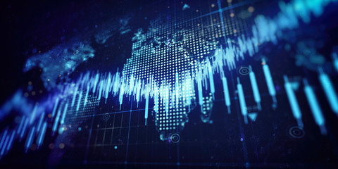Economic graph charts and business analysis, blue projection on screen and blurred background. Business world and economy 3D illustration.	