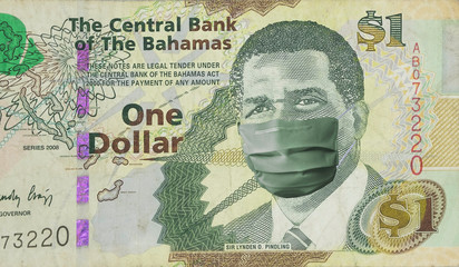 COVID-19 coronavirus in Bahamas, bahamian dollar money bill with face mask. COVID global stock market. World economy hit by corona virus outbreak. Financial crisis and coronavirus pandemic concept.