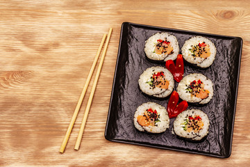 Korean roll Gimbap(kimbob). Steamed white rice (bap) and various other ingredients