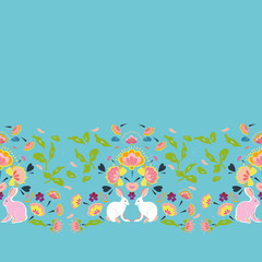 Vector folk art boho vibrant easter bunny border on white turquoise background. Happy spring design. Event and holidays. Surface pattern design.