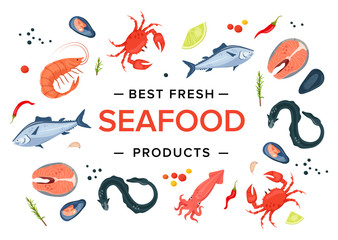 Best fresh seafood products banner. Shrimp, octopus, squid, crab, eel, steak, mussels, fish, cancer. Seafood menu concept cartoon vector illustration. 