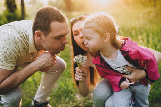 Loving daughter, mom and dad are sitting in the woods in nature and holding a dandelion in their hands and blowing on flowers at sunset. Close-up portrait of a happy family. Photography, concept.